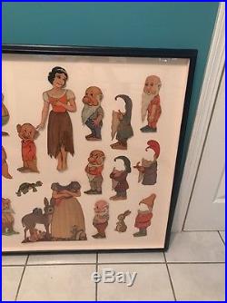 1938 Walt Disney Snow White & 7 Dwarfs Paper Cut Out Dolls Preserved In Frame