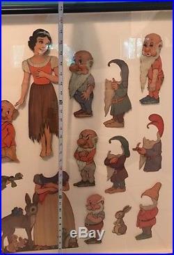 1938 Walt Disney Snow White & 7 Dwarfs Paper Cut Out Dolls Preserved In Frame