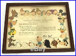 1944 Walt Disney United States Treasury War Finance Committee Framed Certificate
