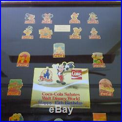 1986 Coca-Cola Walt Disney World 15th Anniversary Framed 60 Pin Set 25.5x22 NIB