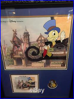 Disney Jiminy Cricket Pinnochio Cel Framed with Signed Card and Pin