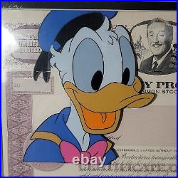 Donald Duck Animation Cel Over Walt Disney Productions Stock Certificate Framed