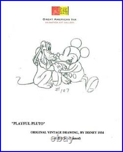 Mickey Mouse and Pluto Original Vintage Drawing by Walt Disney Studios Framed