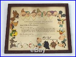 Original WWII Walt Disney Framed US Treasury War Bond Certificate