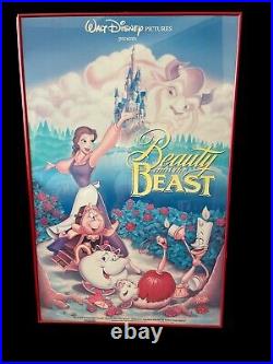 Vintage Beauty and the Beast 39x25 Red Metal Framed Movie Poster Walt Disney Art