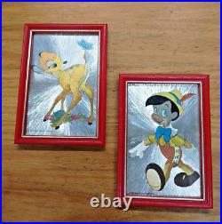 Vintage Retro 1980's Walt Disney Foil Art Print Pinocchio & Bambi Framed