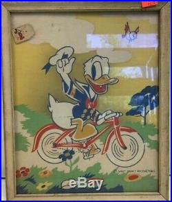 Vintage Walt Disney Productions Donald Duck Riding Bike Framed Collector Item