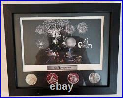 Walt Disney World Lithograph with Set of 4 Coins Glass Framed 11×9